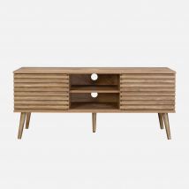 2-door Scandinavian TV cabinet, grooved wood decor, Natural