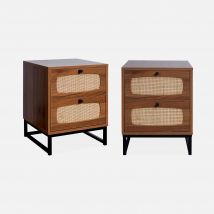 Set of 2 wood and cane bedside tables, Natural