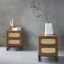 Pair of wood and cane bedside tables, Natural