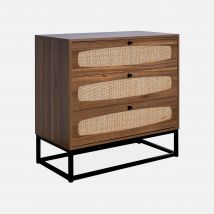 Wood and cane chest of drawers, 3 drawers, Natural