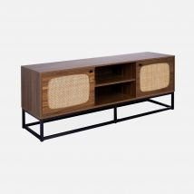 Wood and rounded cane TV stand 140cm, Natural