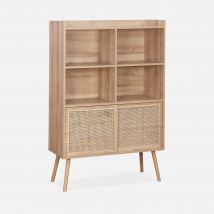 5-shelf bookcase, sliding doors, wood and cane effect, Natural