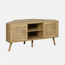 Wood and cane decor corner TV unit, 2 doors, 1 shelf, 115cm, Natural