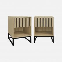 Set of 2 contemporary bedside tables, grooved wood decor, 1 drawer, Natural