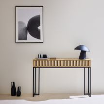 2-drawers contemporary console, grooved wood and black metal decor, Natural
