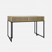 2-drawer contemporary desk in grooved wood and black metal, Natural