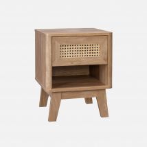 Bedside table with drawer and niche, wood and cane effect, Natural