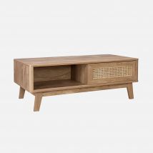 Coffee table with sliding door, 2 niches, wood and cane effect, Natural