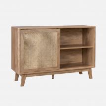 120cm sideboard with 1 sliding door and shelves, wood and cane effect , Natural