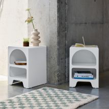 Pair of white wood-effect organic bedside tables, 2 niches, White