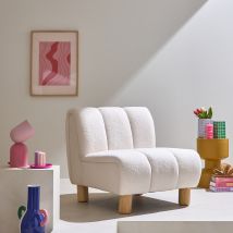 Sillón reclinable, patas redondeadas de madera, tela borreguito, Blanco