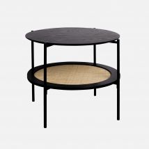 Round coffee table with wood effect and cane, Black