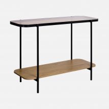 Consolle vintage in metallo nero con piani in vetro e decori in legno, 110 cm, Naturale