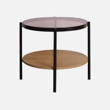 Round side table with tempered glass and wood effect, Natural