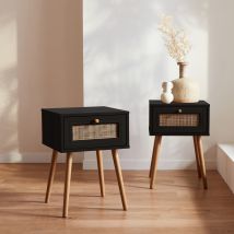Pair of woven rattan bedside tables with drawer, Black