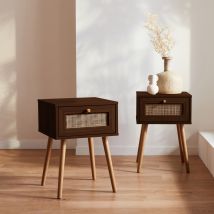 Pair of woven rattan bedside tables with drawer, Dark wood colour