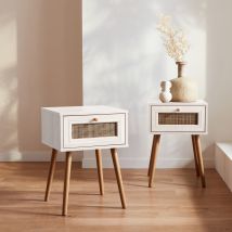 Pair of woven rattan bedside tables with drawer, White