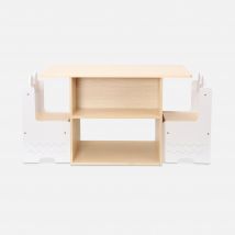 Mesa para niños + 2 sillas, con estantes, Blanco