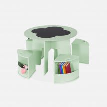 Mesa con pizarra y 4 sillas con almacenaje para niños, Verde