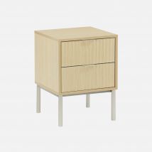 Grooved wood bedside table with metal effect, Natural