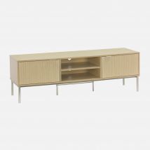 Soporte de TV de madera estriada y metal, 2 puertas, 160cm, Natural