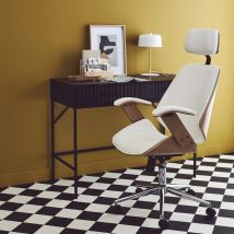 Silla de oficina con ruedas, madera curvada y acabado en polipiel, Blanco