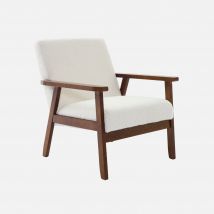 Poltrona scandinava bouclé in legno di hevea tinto noce chiaro, Bouclé bianco