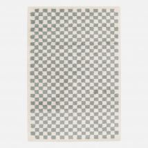 Light blue and cream checkerboard interior rug,
