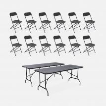 Set of 2 folding plastic reception tables with 12 chairs, Charcoal Grey