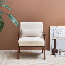 Sillón escandinavo, madera de hevea teñida en nogal, tela efecto piel sintética, Crema