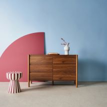 Cómoda con decoración de madera, 6 cajones, Nogal