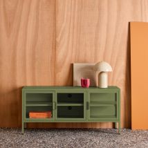 Mueble de TV estilo industrial de metal y vidrio templado con 3 puertas, 120cm, Verde