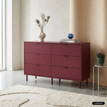 Cómoda de madera y metal con 6 cajones, Burdeos