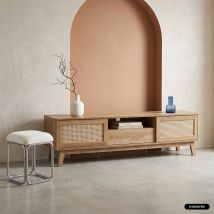 Mueble de TV efecto madera y rejilla con puertas correderas, 180cm, Natural