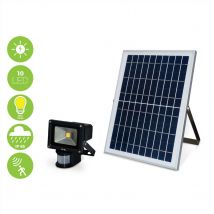 Powerful 10W 900 lumen solar LED floodlight, motion detector, water resistant exterior, 6000mAh lithium battery, self-contained solar spotlight,
