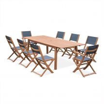 180-240cm extendible wooden garden table, 2 armchairs and 6 chairs in FSC eucalyptus & anthracite textilene