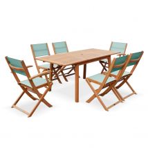 120-180cm extendable wooden garden table, 2 armchairs and 4 chairs in FSC eucalyptus & sage green textilene