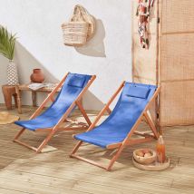 Pair of pre-oiled FSC eucalyptus deck chairs with headrest cushions, Blue