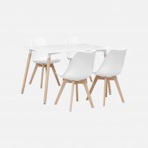 Mesa de comedor escandinava con patas de madera y 4 sillas, Blanco