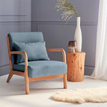 Sillón de diseño azul de madera y tela con patas de compás escandinavas - Lorens | sweeek