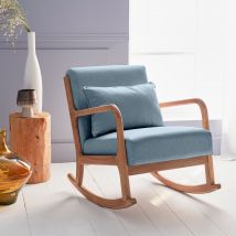 Poltrona scandinava a dondolo in legno e tessuto con braccioli, Blu