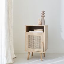 Scandi-style wood and cane rattan bedside table with cupboard, Natural