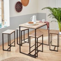 Industrial bar style table set with 4 stools, Black