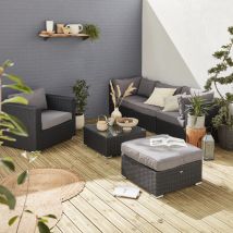 5 seater rattan garden furniture sofa set table, black weave / grey cushions. Conservatory furniture. Ready assembled.