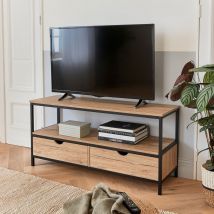 Industrial metal and wood effect TV stand with 2 drawers, Black