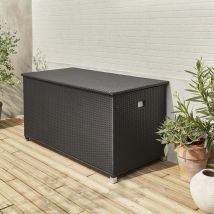 Woven polyrattan 790L garden storage box with hydraulic springs, Black