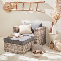 Garden sofa sets - armchair and footstool in rattan - Mixed grey, grey cushions