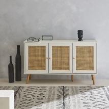 3-door wood and cane rattan sideboard cabinet, White