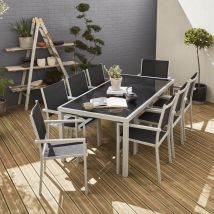 Garden table and 8 chairs set in aluminium and textilene grey