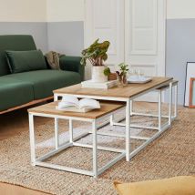 Set of 3 metal and wood-effect nesting tables, Matte White